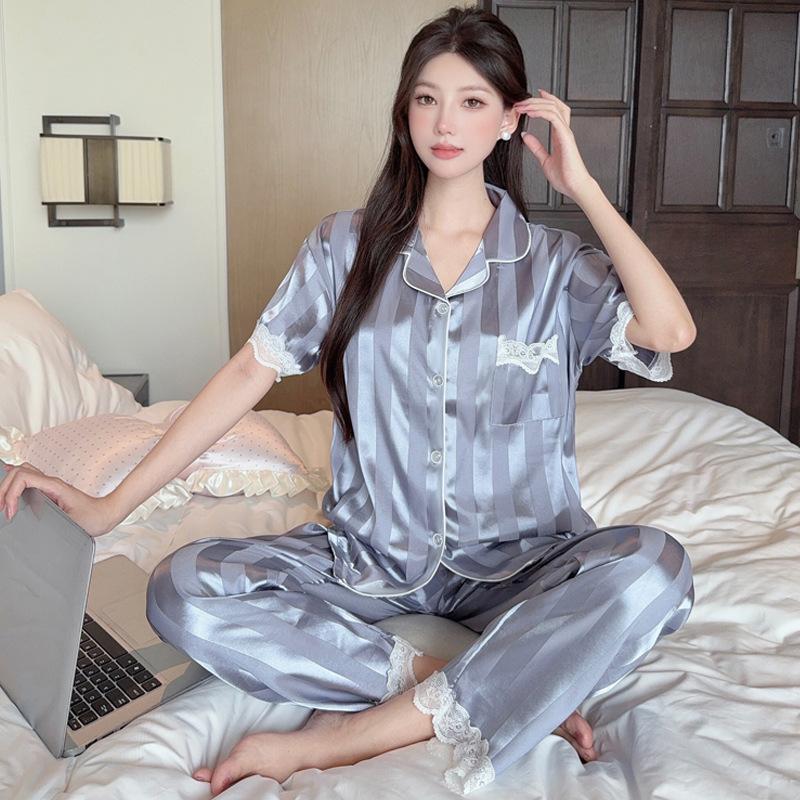 Ice Silk Pajamas Female Cute Wind Bear Summer High-End Cartoon Short-Sleeved Trousers Loungewear