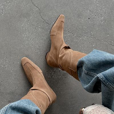 Мода 2025 Осень Зима Новый Тренд Натуральная Коровья Замша Ретро Женская Обувь Полусапоги Коричневый Средний Каблук Массивный Каблук Квадратный Носок Сапоги