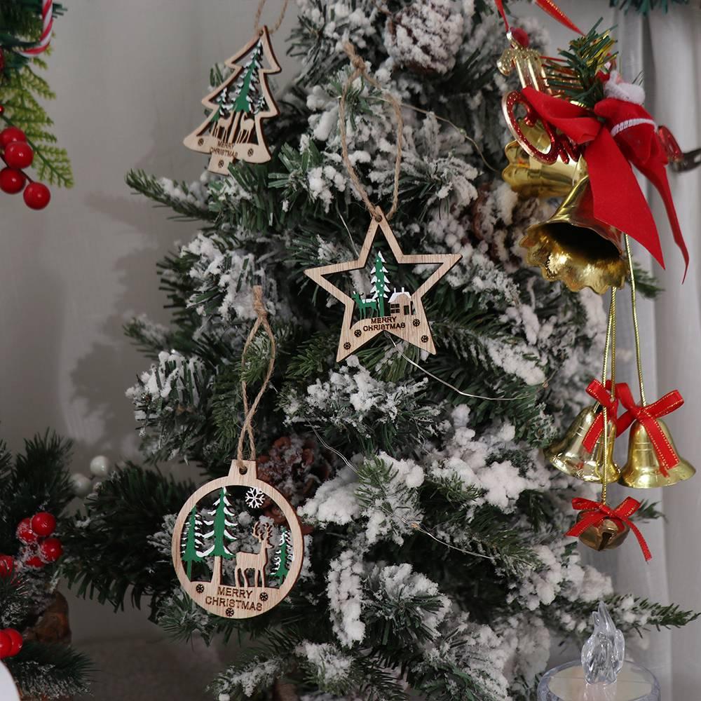 6pcs Hollow Christmas Wooden Hanging Pendants Vintage Hollow Out Star Decoration New Year