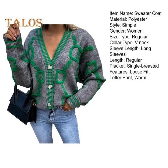 Женский свитер, пальто с V-образным вырезом, длинный рукав, однобортный вязаный свитер с буквенным принтом, свободный крой, теплый вязаный кардиган