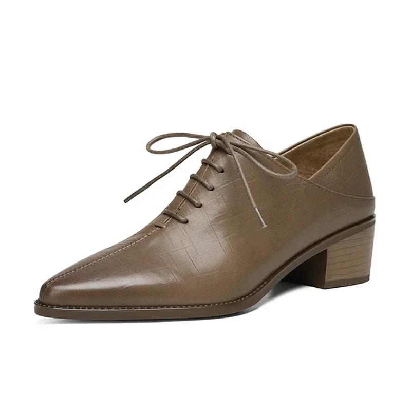 Мода 2024 Новая Мода Женские Туфли-Лодочки Острый Носок Летняя Обувь Массивный Каблук Шнуровка Лоферы Обувь для Женщин Ручная Работа Ретро Женская Обувь