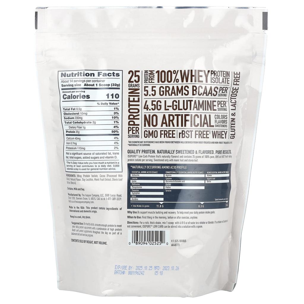 Isopure Low Carb Protein, Dark Chocolate, 1 Lb (454 G)