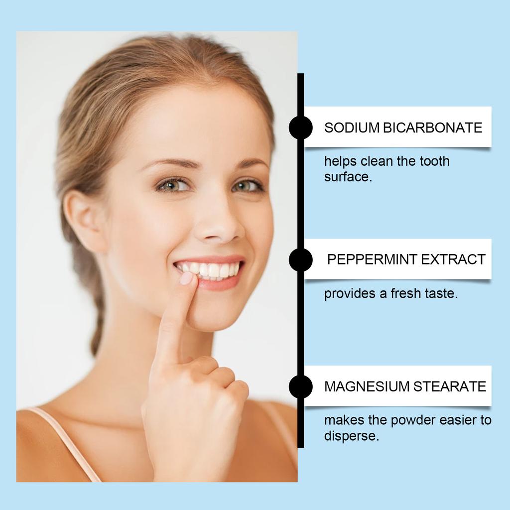 Освежающая отбеливающая зубная пудра глубоко очищает зубы, заботится о свежем дыхании и обеспечивает ежедневную гигиену полости рта.. Он мягкий и не вызывает раздражения.