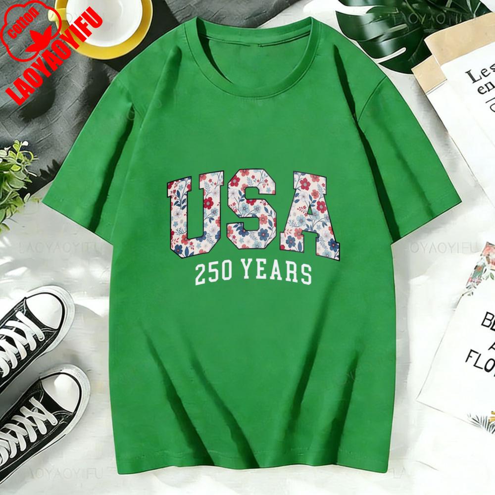 T Shirt Women Cotton Short Sleeve O Neck Casual Fashion Usa 250 Years Floral Print Top For Her Summer Holiday Gift
