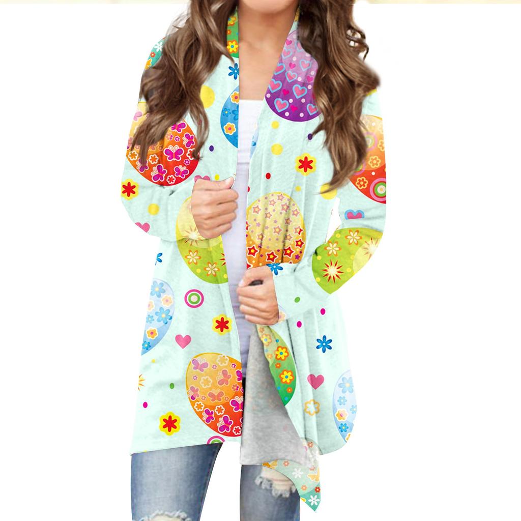 Женский кардиган с пасхальным принтом и длинными рукавами спереди, легкая куртка с принтом