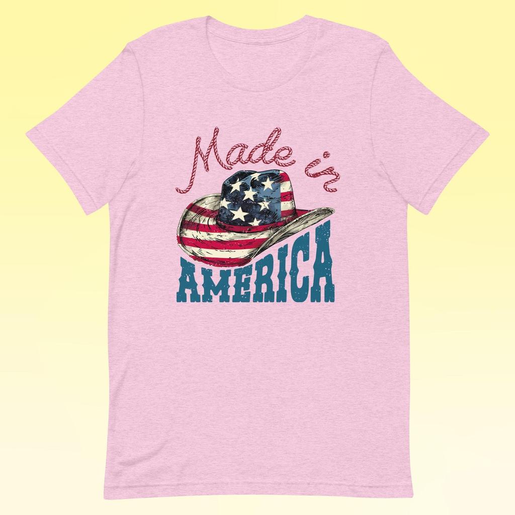 Vintage American Flag Pink T-Shirt – Patriotic Cowboy Hat Design