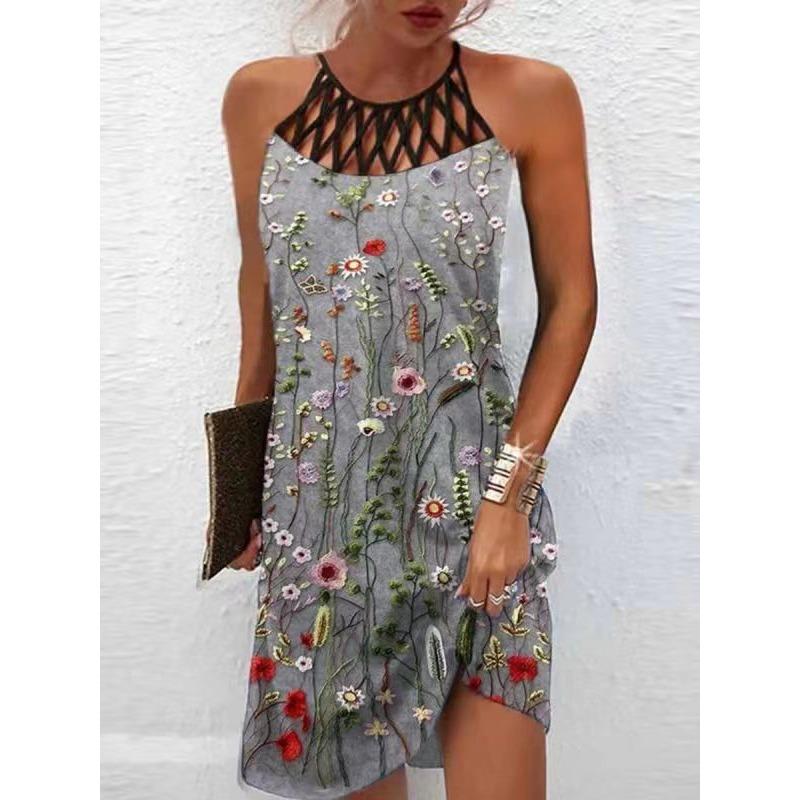 GMXIA National Style Positioning Print Mesh with Sleeveless Casual Dress for Women