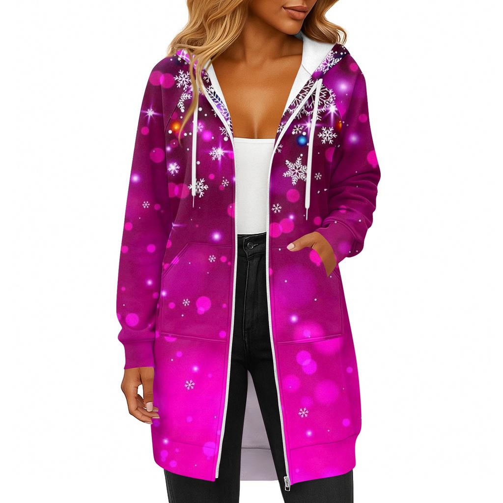 Women's Fashionable Christmas Printed Long Sleeved Drawstring Hooded Zipper Pocket Long Casual Sweatshirt Jacket