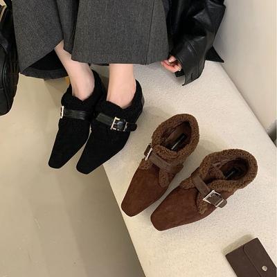 2025 осень и зима новая маленькая квадратная голова пушистая мягкая подошва глубокий вырез шнуровка для работы женские туфли