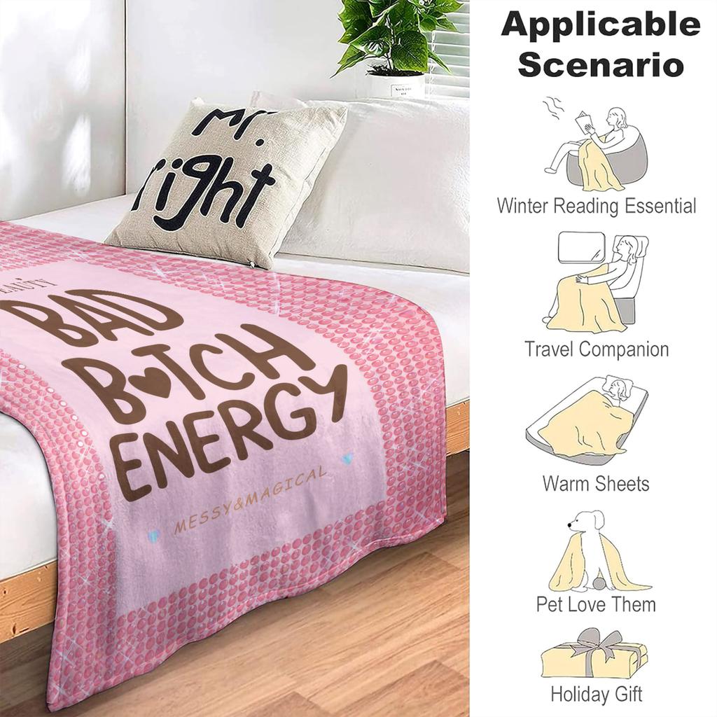 Bad B Energy Flannel Throw Blanket Warm Soft Winter Blanket Plush Thin Quilt Sweet Glam for Home Living Room Sofa Bed Cover Gift