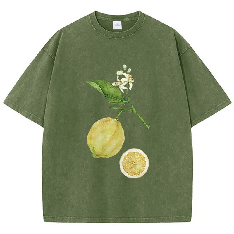 Retro Lemon Printing Washed T-Shirt Womens Cotton T Shirts C