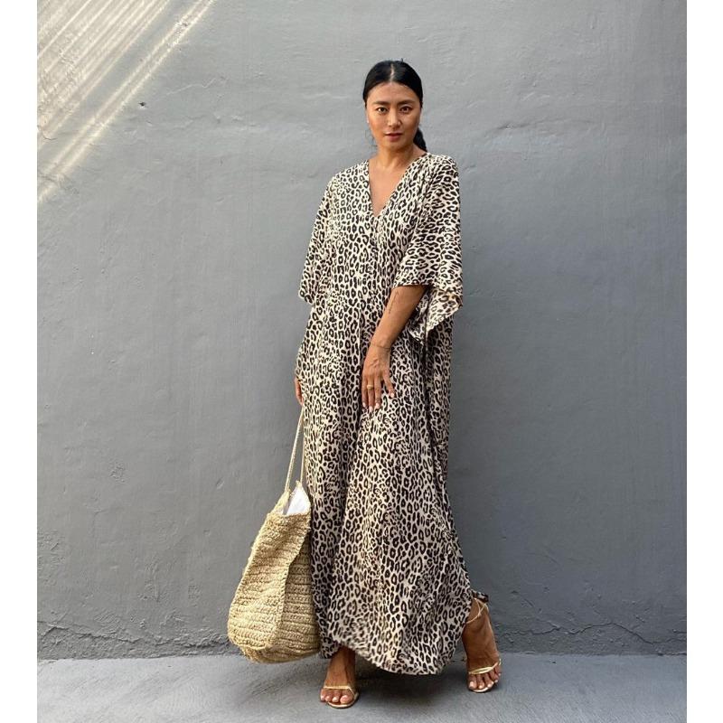 Women's Plus Size Dress Printed Leopard Dot Beach Cover Up Loose Long Dress Swimsuit Cover Up EMA