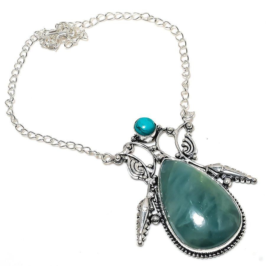 Аквамарин, Бирюза Ручная работа Ожерелье из стерлингового серебра 925 пробы 18" A7G83