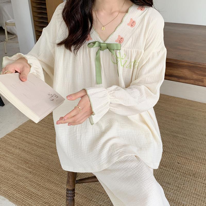Хлопковые пижамы для женщин с принтом, корейская милая повседневная одежда для сна для девочек с v-образным вырезом и длинными рукавами, кавайная осенне-зимняя одежда для сна, шикарная трендовая одежда