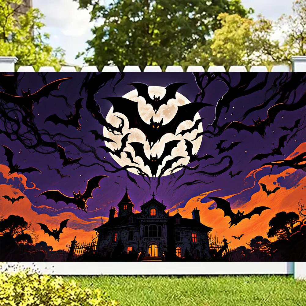 Страшный баннер-фон на Хэллоуин - Замок с летучими мышами и полной луной для вечеринок в помещении/на открытом воздухе, выпускного, декора на Хэллоуин, мероприятия
