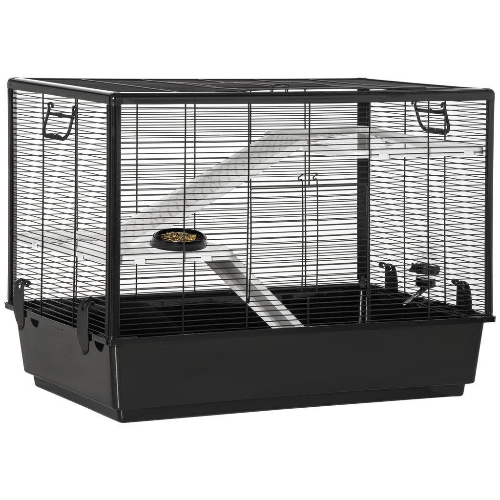 Guinea Pig Cage with Handle, Water Tank, Ramp and Dish, 80x48x58cm, Black