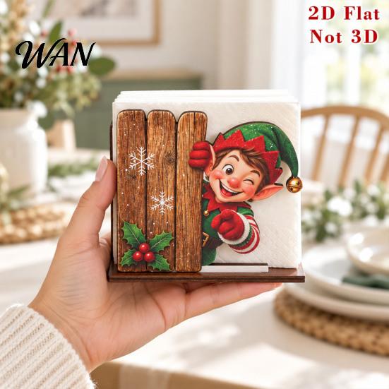 Seasonal Home Accents Christmas Wooden Napkin Holder, 2D Flat Cute Elk/Elf Boy/Snowman Peeking Tissue Holder Dispenser, Farmhouse Table Paper