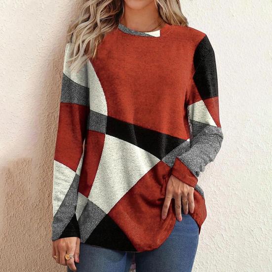 Women Tops Round Neck Long Sleeve Contrast Color Geometric Print Loose Fit Tee Shirt Casual Pullover Tops