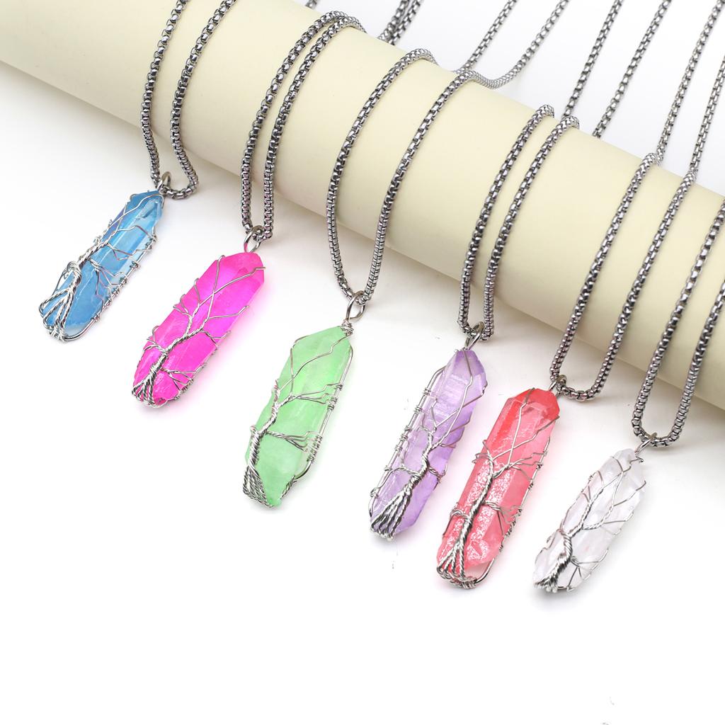 Women Necklace Natural Stone Hexagonal Pyramid Winding Pendant Necklace For Women Birthday Gift Chain 60 CM