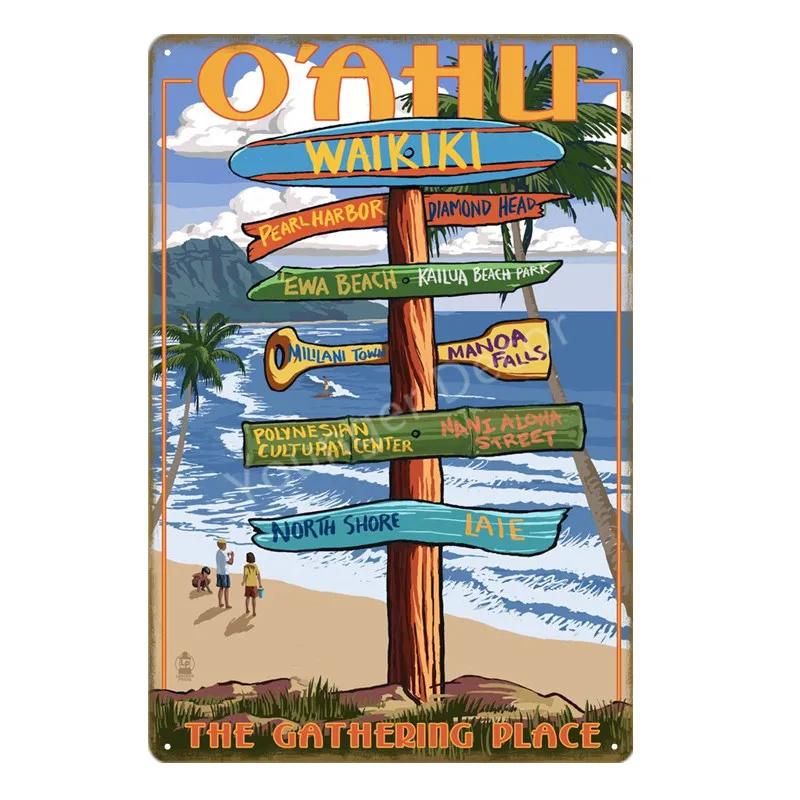 Aloha Beach Tin Signs Vintage Summer Metal Wall Plaque Hawaii Tiki Bar Decor House Seaside Decorative Plate Surf Carft YA040