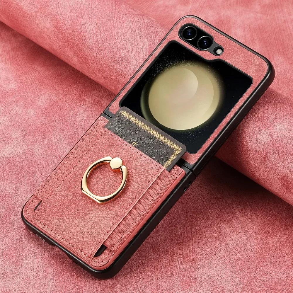 Retro PU Leather Wallet Cover for Samsung Z Flip 6 5 4 3 2 Flip6 Flip5 Flip4 Flip3 Flip2 5G Ring Card Slot Holder Phone Case