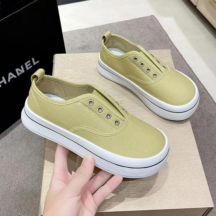 Модные женские парусиновые туфли на плоской подошве 2024 года, летние новые низкие неглубокие женские кроссовки без застежек, повседневные кроссовки zapatillas mujer, белые женские кроссовки