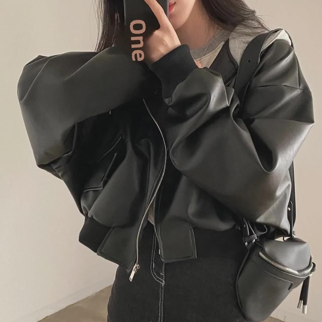 Корейская шикарная ретро-кожаная куртка на молнии с двойными карманами