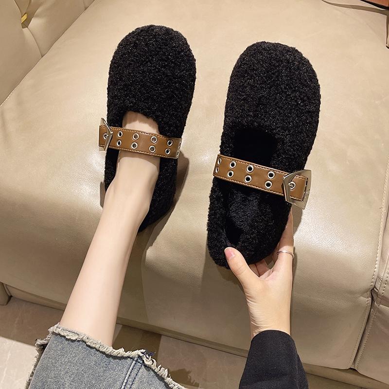 Мода 2024 года, дизайнерская женская теплая меховая обувь на весну и осень, модные женские туфли на плоской подошве без застежек с круглым носком, женские туфли Мэри Джейн