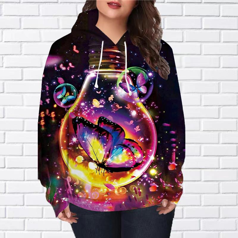 Женская мода розовый узорчатый бабочка принт свободные толстовки топы блузка свитшот повседневный длинный рукав пуловер топы