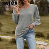 Autumn Women's Long Sleeve T-shirt Solid Color V-neck Simple Gauze Bubble