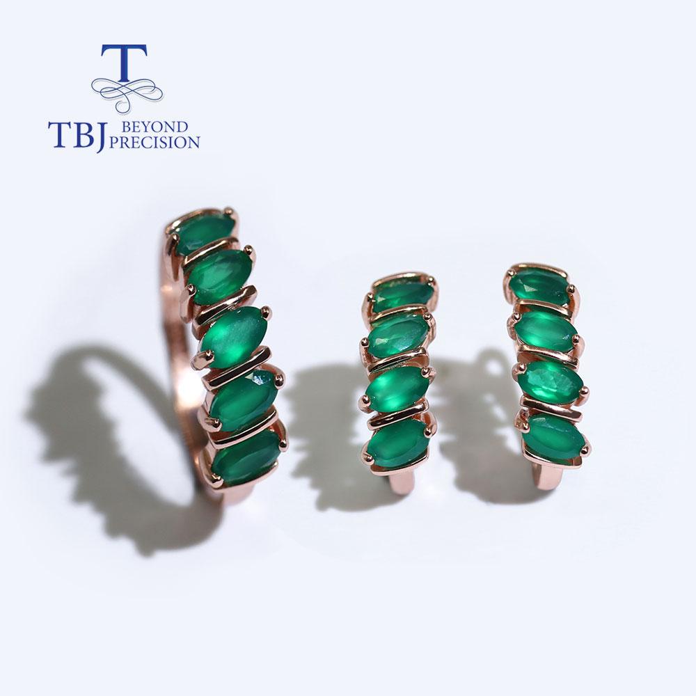 New Arrival Natural Green Agate Jewelry Set for Women Fine Jewelry 925 Sterling Silver Gemstone Ring Earrings Daily Wear Gift