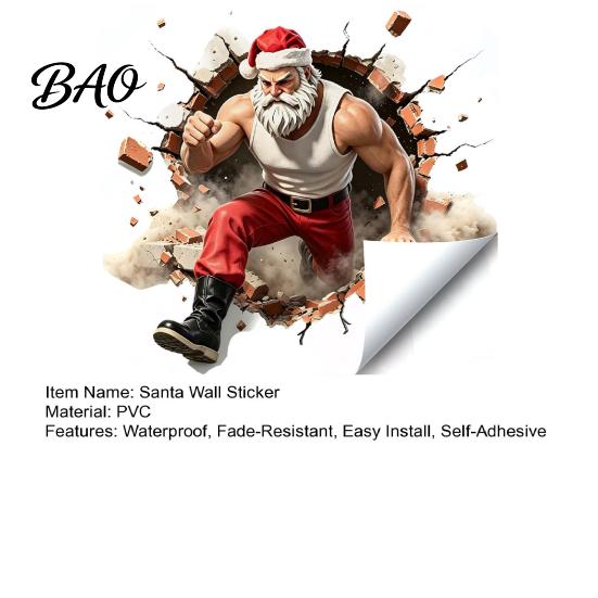 Christmas Wall Decals Muscle Santa Claus Break Through Decal, 3D Cracked Brick Seasonal Window Decorations Self?Adhesive Sticker, Funny Mural
