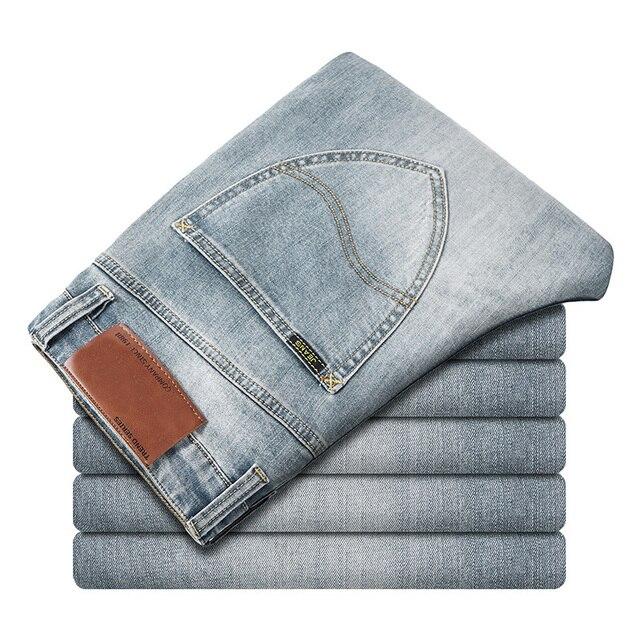 Мужские классические деловые прямые джинсы 2020, осень-зима, новые повседневные эластичные джинсовые брюки, мужские брендовые брюки, черные, синие, серые