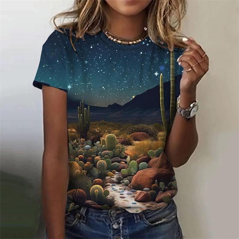Summer Round Neck 3D Natural Scenery Printed Top Fashionable Casual Sunset Plants Pattern Short Sleeved Women's T-shirts