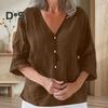 Женская рубашка свободного кроя с V-образным вырезом и рукавом 3/4, летняя застежка на пуговицы, однотонная повседневная футболка на каждый день