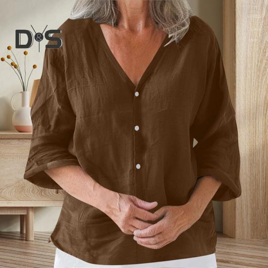 Женская рубашка свободного кроя с V-образным вырезом и рукавом 3/4, летняя застежка на пуговицы, однотонная повседневная футболка на каждый день