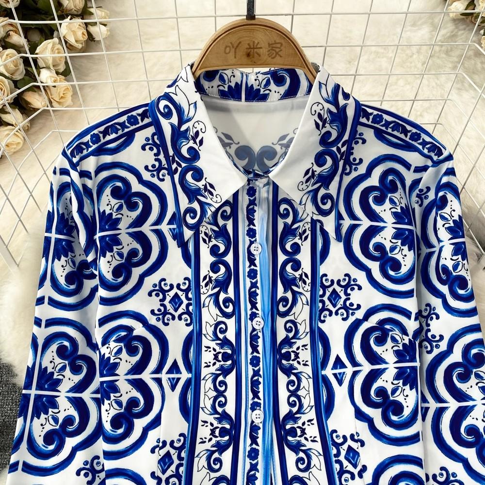 Осенняя мода на подиуме, красный, зеленый, синий и белый фарфоровый цветочный принт, женская рубашка, топ + мини-юбка трапециевидной формы, комплекты из двух предметов