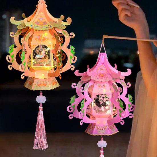Handmade Chinese Traditional Lantern Kit Handcrafted Handheld 3D Hollow Chinese Palace Lantern with Lotus Tassel for Spring Festival Decoration