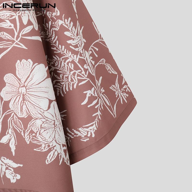 INCERUN Oversized Men Turn-down Collar 3/4 Sleeve Buttons Floral Print Casual Shirts