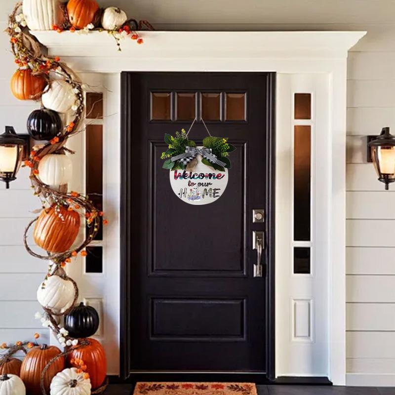 1 шт. декоративная табличка на дверь, подвесная табличка, деревянные венки, взаимозаменяемые с 12 круглыми магнитными значками для украшения входной двери