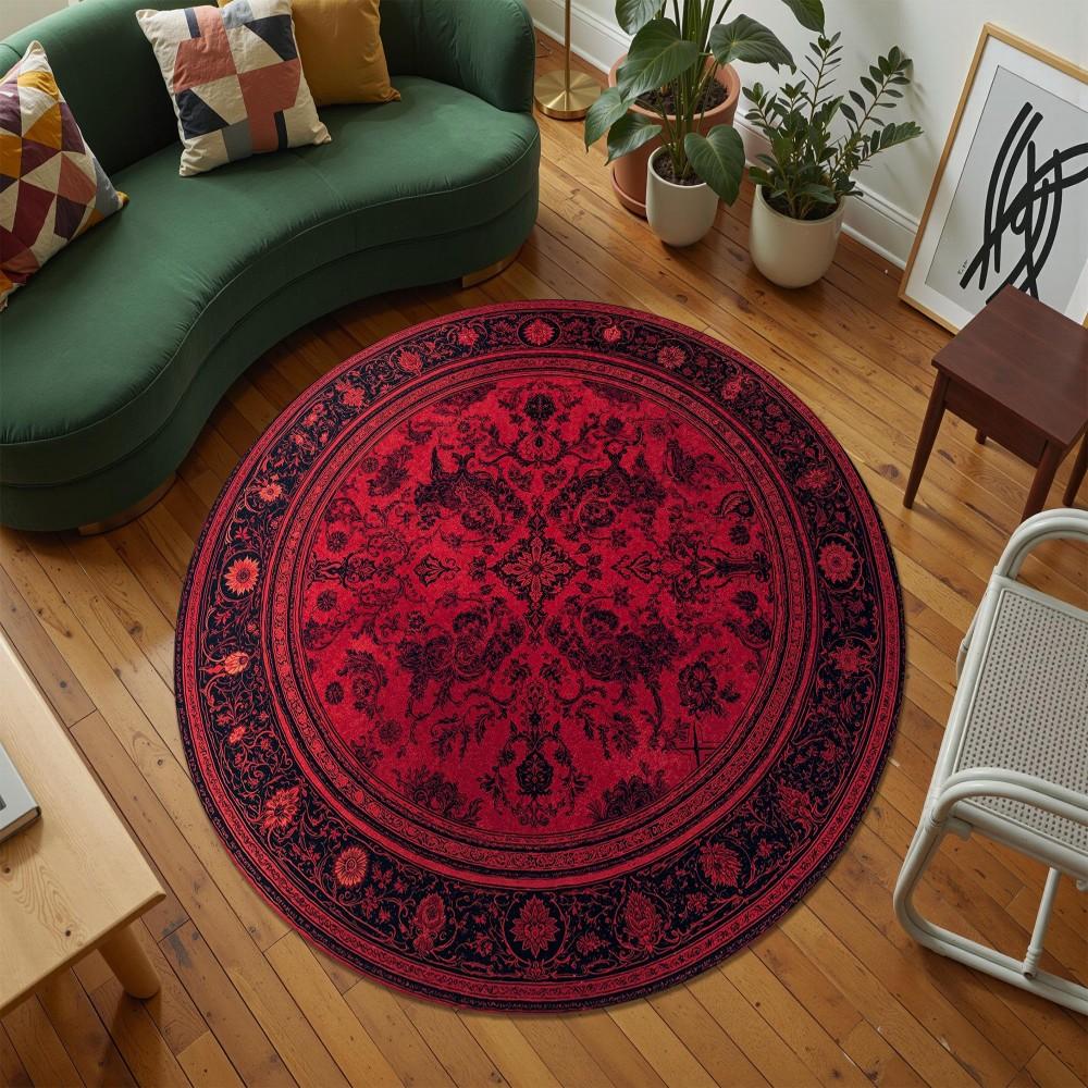 Distressed Persian Round Rug Yellow Black Ornate Medallion Holiday Floor Area Carpet for Living Room Bedroom Home Decor