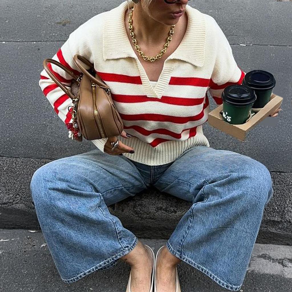 Women's Polo Collar Knit Sweater Red White Stripe V-Neck Long Sleeve Casual Fitted Top