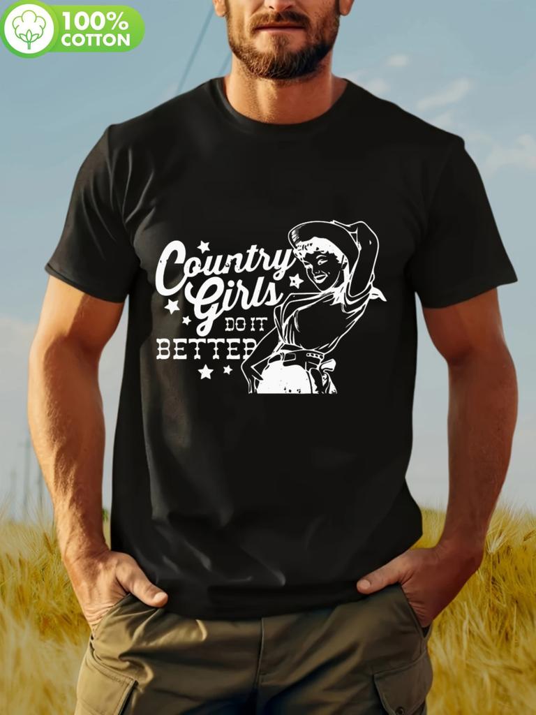 100% Cotton Short Sleeve T-shirt with Country Girls Graphic Print - Black Casual Round Neck Summer Tee