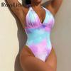 New Sexy Tie Dye V Neck Halter Women Swimwear One Piece Swimsuit Female Monokini High Leg Cut Bather Bathing Suit Swim