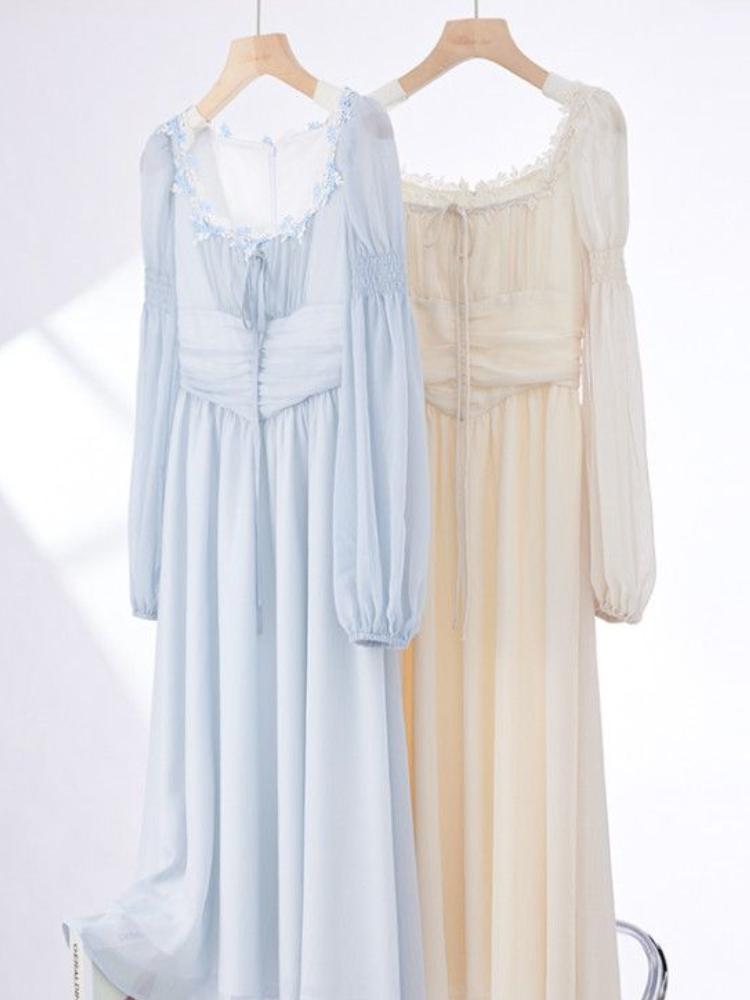 2024 Новая французская длинная юбка темперамент квадратный вырез шифон длинный рукав сказочный дворец ветер платье ранняя весна