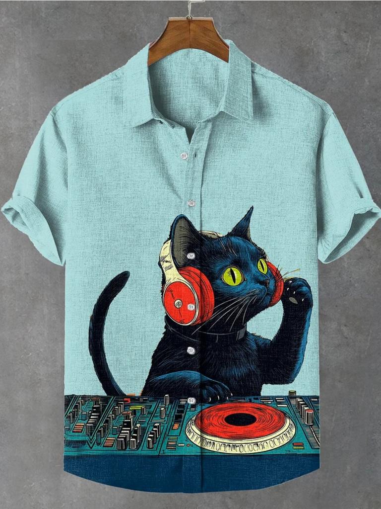 Летние мужские рубашки с короткими рукавами в стиле ретро с рисунком в стиле аниме и кошек, топы с короткими рукавами, модные повседневные рубашки для отдыха и улицы для мужчин