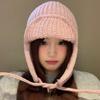 Korean-Style Pink Knitted Beanie for Women - Face-Slimming, Ear Protection, Warm Ski Lei Feng Hat for Autumn and Winter