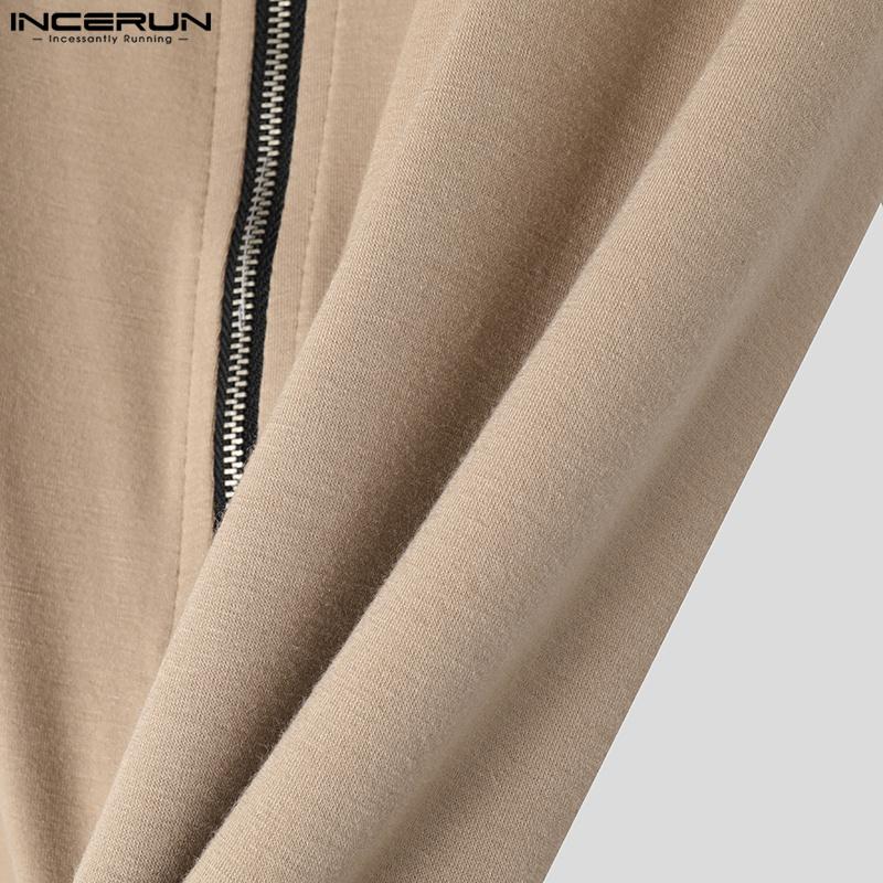 INCERUN Летние мужские футболки с коротким рукавом и U-образным вырезом на молнии, повседневные облегающие футболки, короткие топы