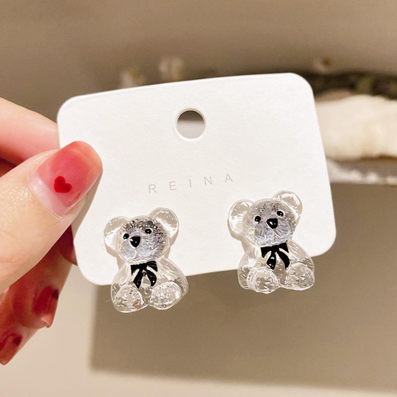 925 Silver Korean Dongdaemun Bear Earrings - Cute, Trendy Design with Transparent Bear Accents for Women