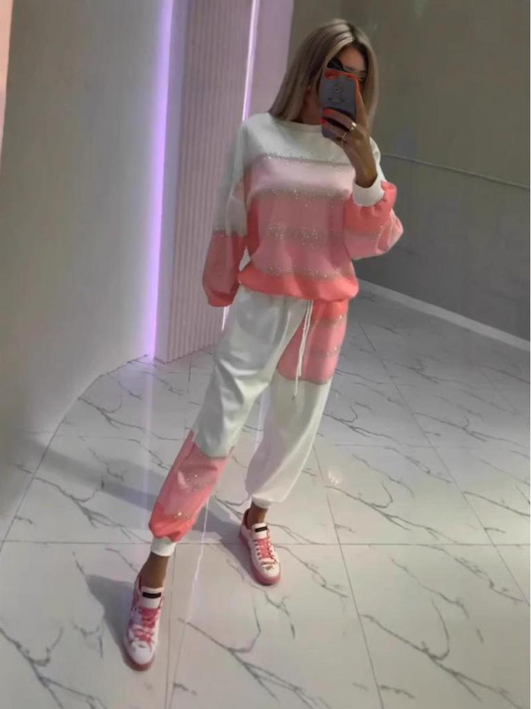 Женский повседневный комплект из топа с брызгами и полосками и брюк на кулиске - Коллекция 2025